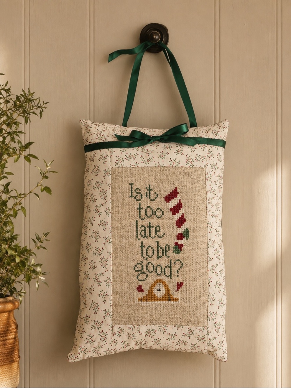 Handmade decor hang pillow Is it too late to be good? Cross-stitch Christmas